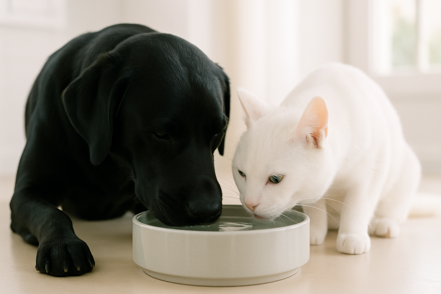 A black dog and white cat drinking from a bowl and not spilling
